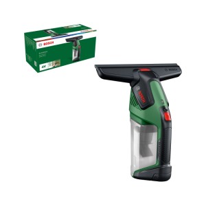Bosch Akku-Fensterreiniger GlassVac, grün-schwarz, mit transparentem Tank und Verpackung. Kabelloses Akkugerät für streifenfreie Reinigung.