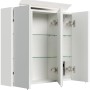 Posseik Spiegelschrank, 70 cm, Weiß Hochglanz, mit LED-Lampe und Glasböden. Offene Türen.