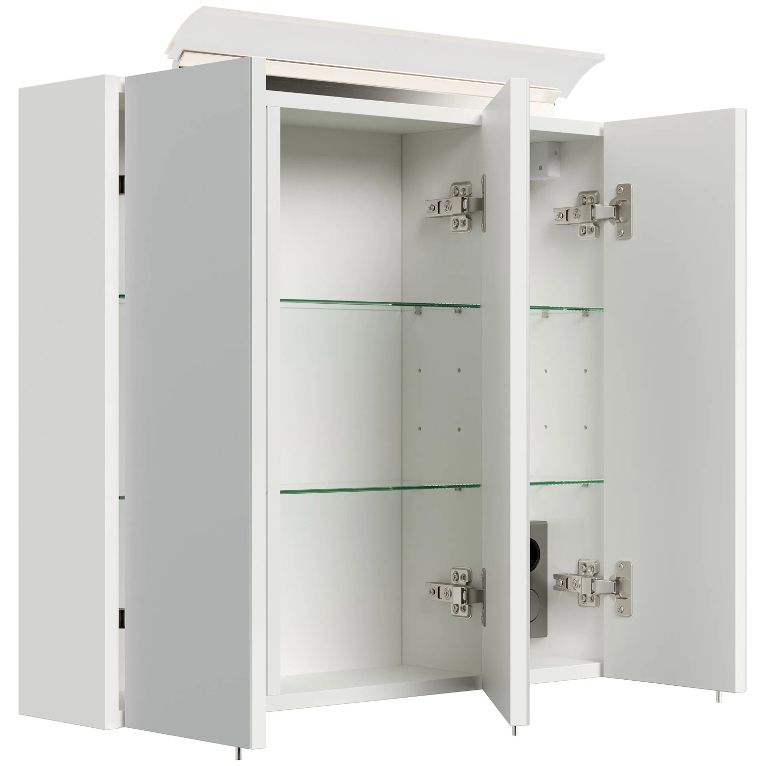 Posseik Spiegelschrank, 70 cm, Weiß Hochglanz, mit LED-Lampe und Glasböden. Offene Türen.