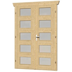 Skan Holz Doppeltür mit Milchglas für 28 mm Gartenhaus, Holz natur, mit Griff.