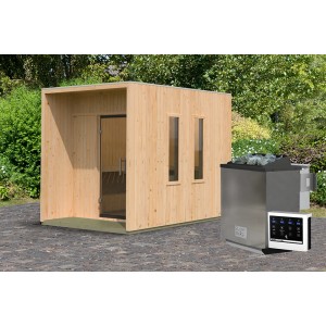 Karibu Saunahaus Rapallo, naturbelassen, mit Ofen und externer Steuerung. Holzsauna für den Garten.