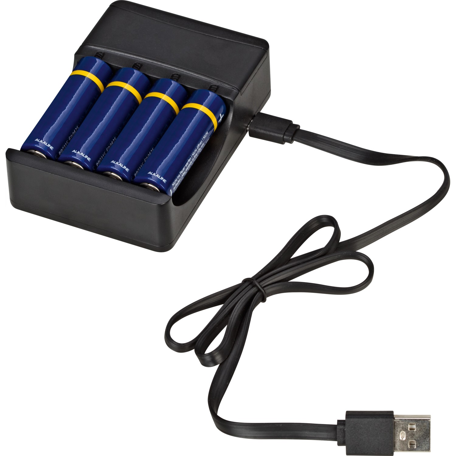 Schwarzes Batterie-Ladegerät mit USB-Kabel und vier Akkus zum Aufladen.