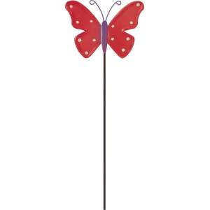 Gartenstecker Schmetterling aus Eisen, rosa-violett mit weißen Punkten, 30 cm hoch.