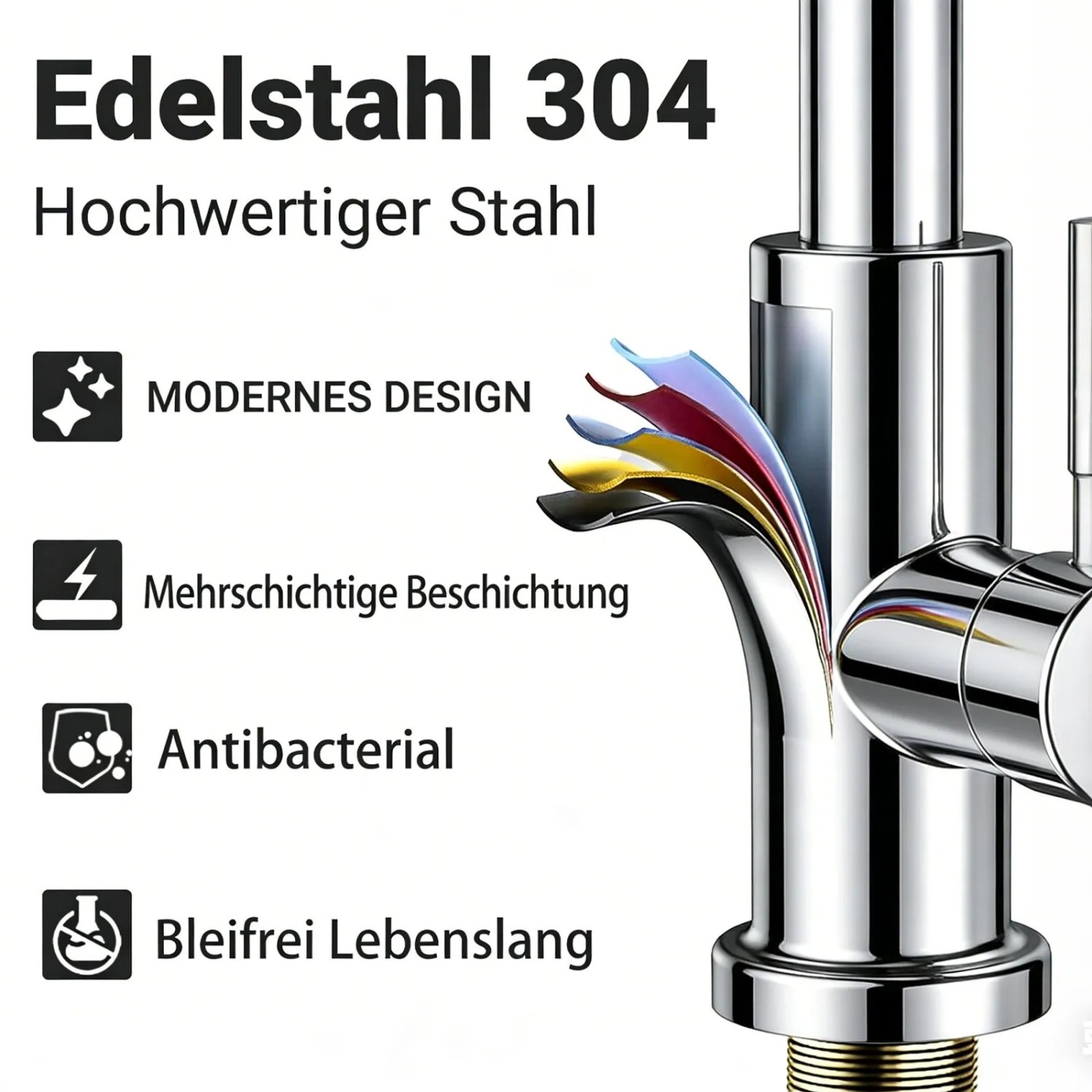 AICA Küchenarmatur, Hochdruck Mischbatterie mit Ausziehbrause, Chrom.