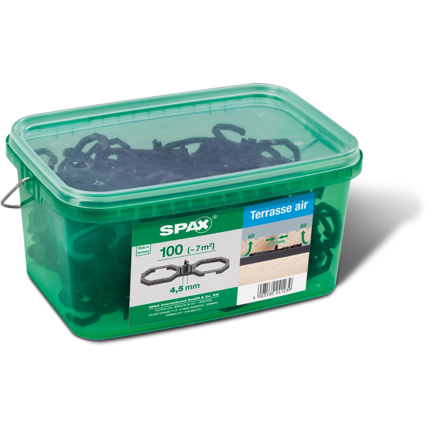 Spax Air Abstandhalter, 100 Stück im grünen Behälter für Terrassendielen.