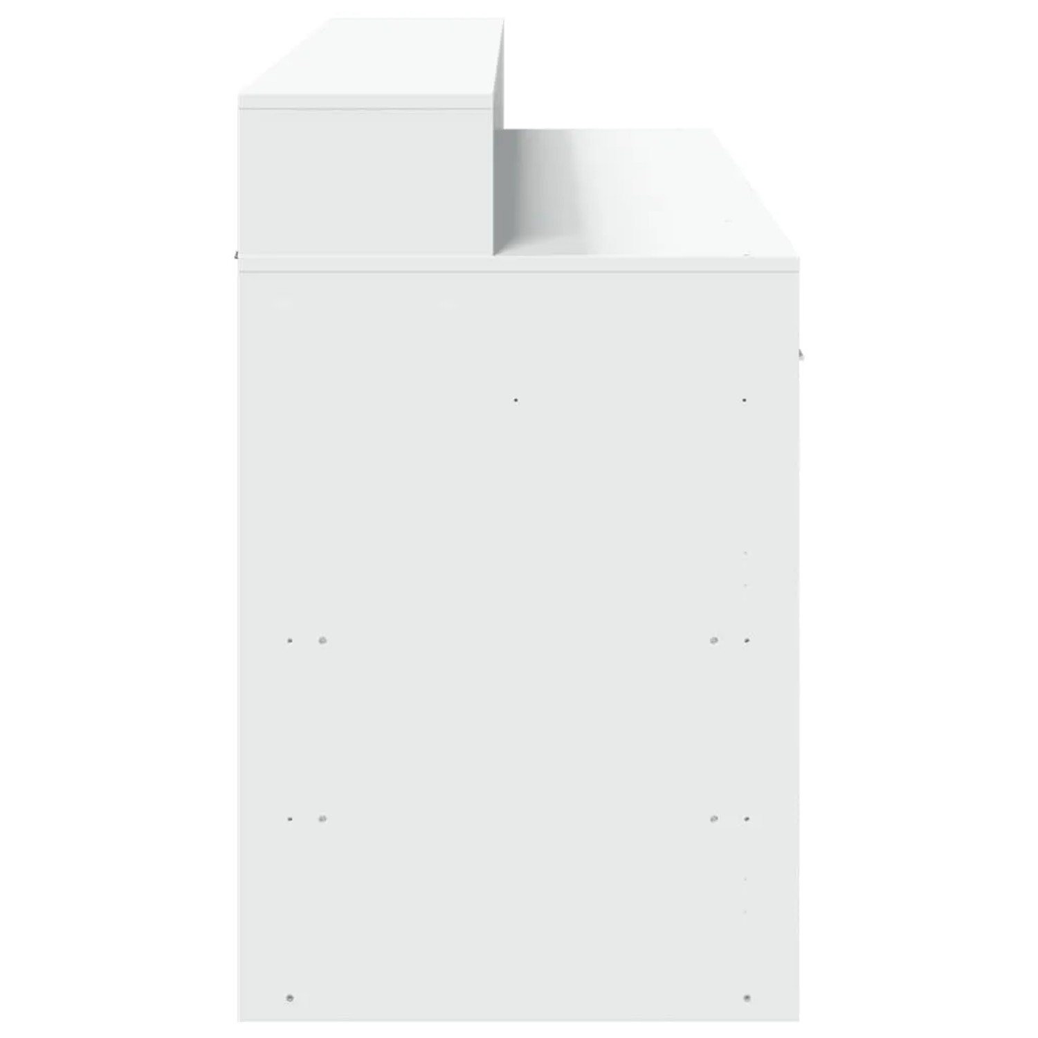 Seitenansicht des weißen vidaXL LED-Schreibtischs aus Holzwerkstoff mit erhöhter Ablagefläche für Büro.
