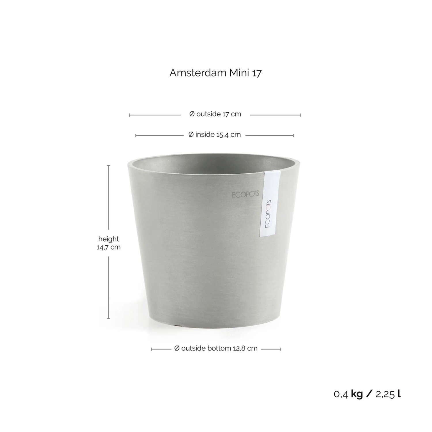 Ecopots Pflanztopf Amsterdam Mini, weißgrau, 17 cm. Ideal für Innen- und Außenbereich.