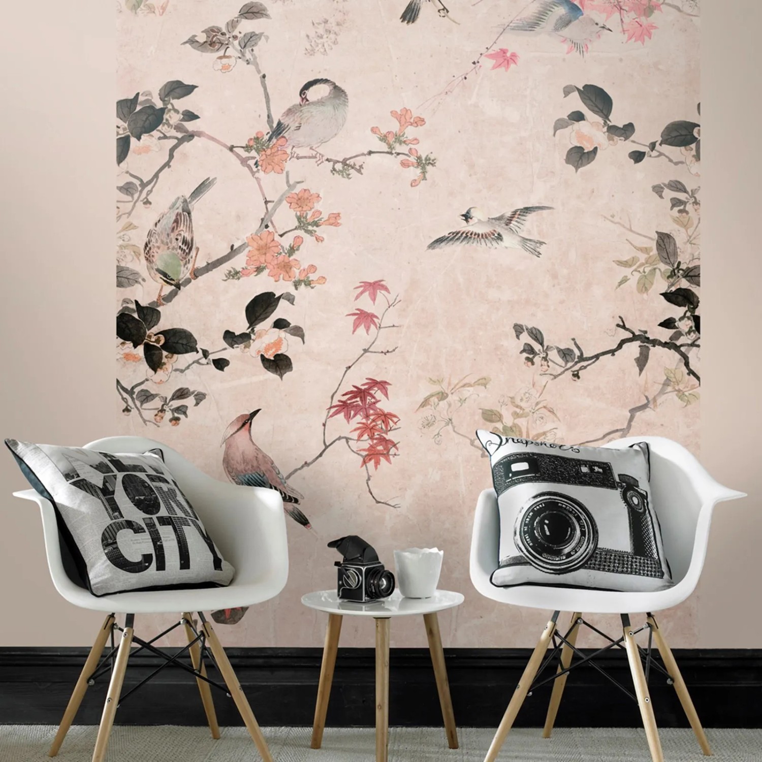 Art for the Home Fototapete Soft Temptation mit japanischem Garten Motiv und Vögeln.