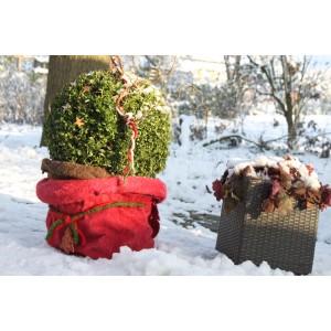 Rote Videx Jutefilzmatte um einen Topf im Schnee, schützt Pflanzen vor Frost.