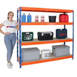 Blau-oranges PROREGAL Schwerlastregal Rhino mit vier Ebenen und diversen Gegenständen.
