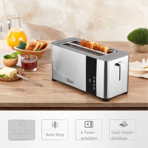 Zilan Edelstahl Toaster mit Brötchenaufsatz, 4 Scheiben, 1400 Watt.
