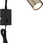 Schwarze Globo Wandlampe Robby mit Flexarm und altmessingfarbenem Lampenkopf.