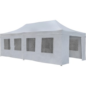 Weißer Faltpavillon Carupano 790x397cm mit Seitenwänden und Fenstern.
