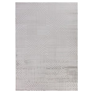 Ayyildiz Kurzflorteppich Sahara silber, 80x150 cm, mit modernem geometrischen Muster.