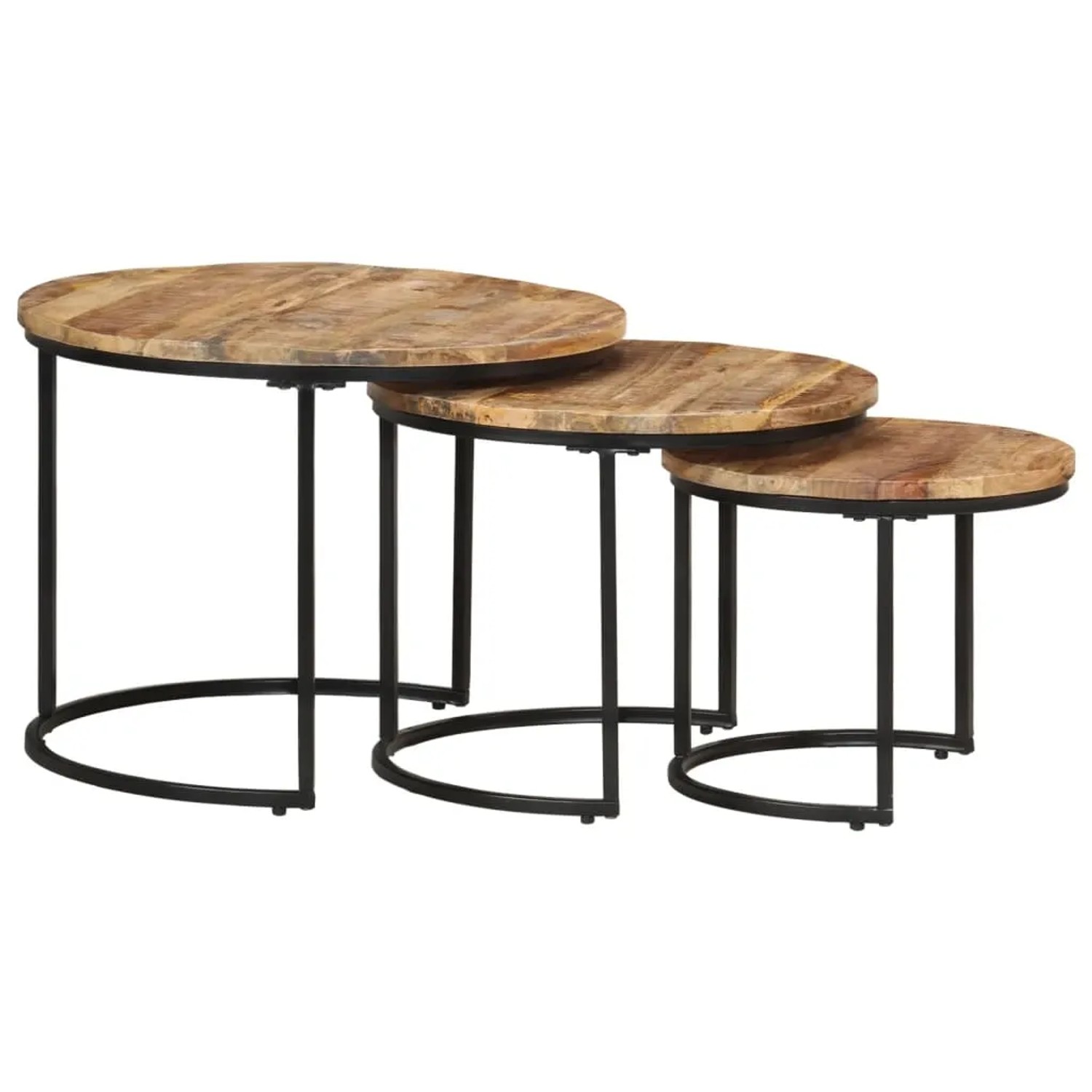 Drei runde vidaXL Satztische aus rohem Mangoholz mit natürlichem Finish und schwarzem Metallgestell, ineinander verschachtelt.