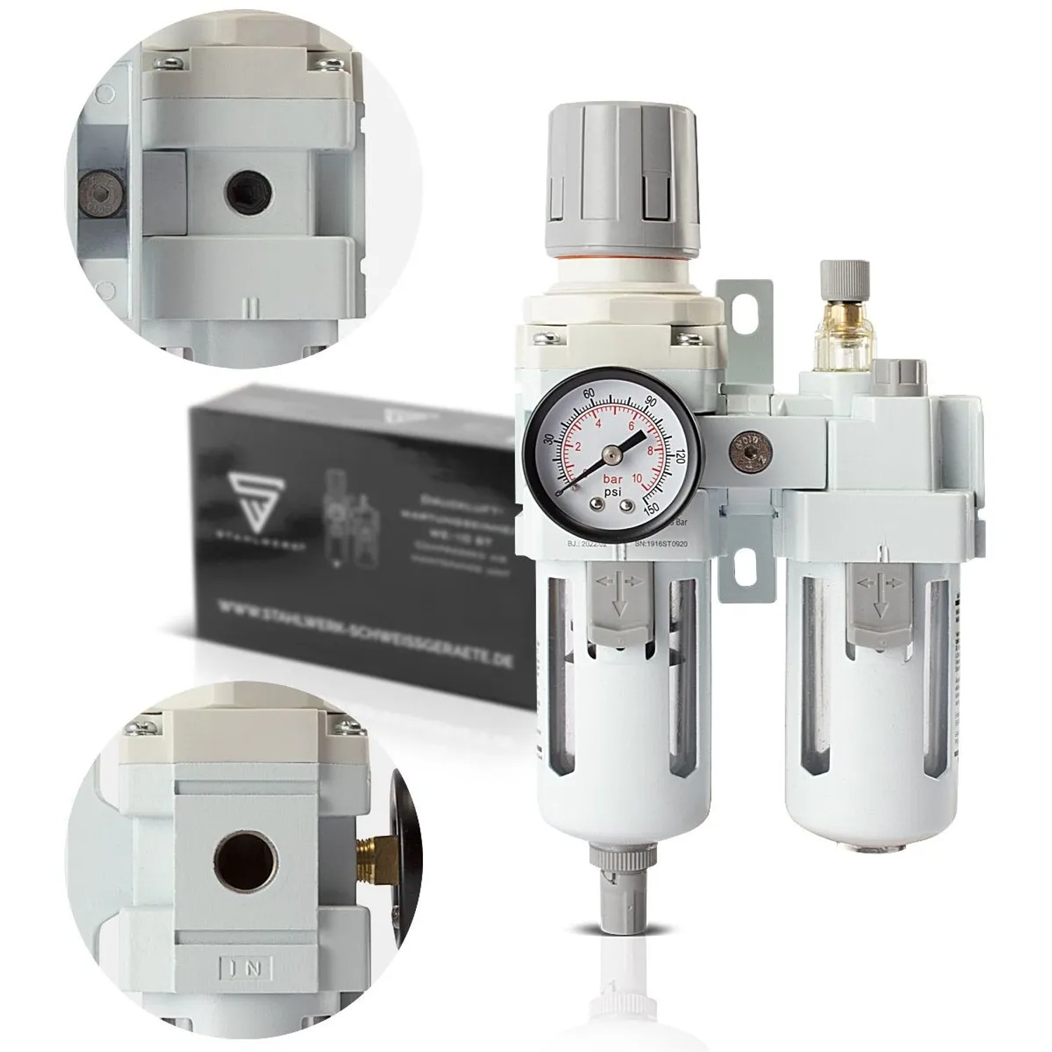 STAHLWERK Wartungseinheit mit Öler, Wasserabscheider und Manometer für Druckluftkompressoren bis 10,5 bar.