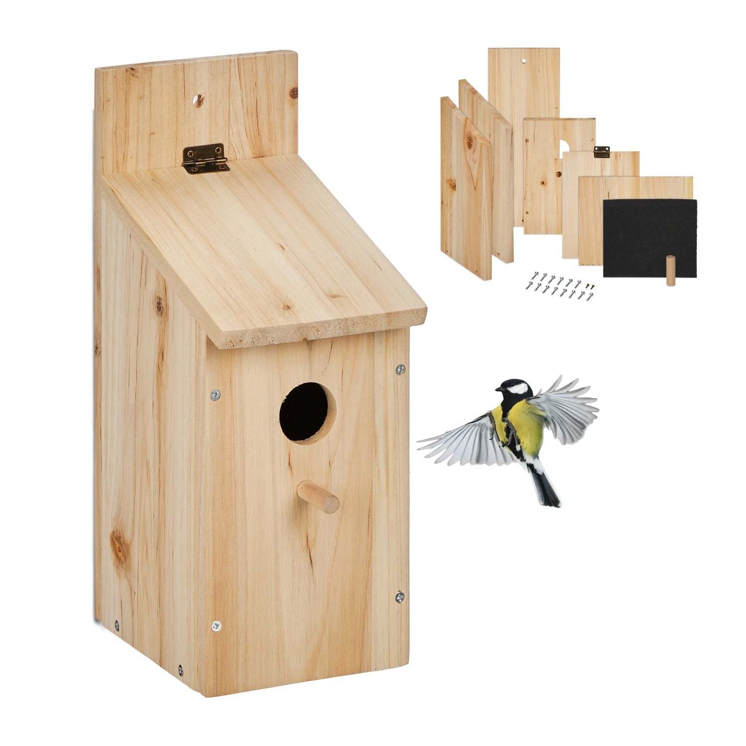Relaxdays Nistkasten Bausatz Tannenholz Natur Mit Klappdach Mit Sitzstange 29,5 cm x 11,5 cm x 17 cm 560 g