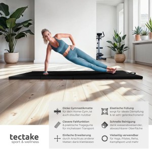 Schwarze, klappbare Tectake Gymnastikmatte (240x120x5 cm) mit Frau in Sportkleidung bei Übung.