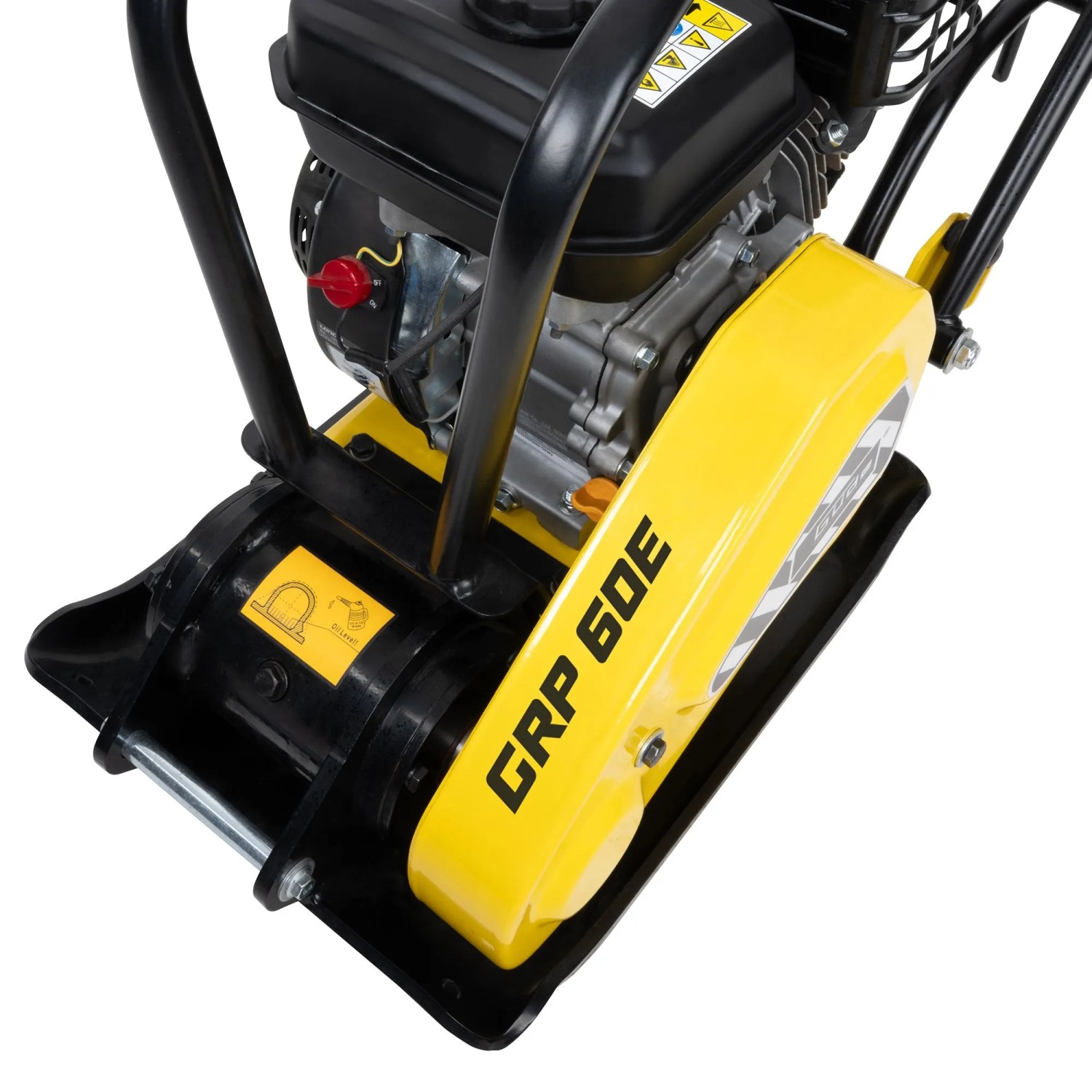 Güde Rüttelplatte GRP 60E: Baumaschine zum Verdichten von Flächen, mit gelber Schutzabdeckung.