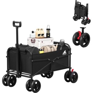 Schwarzer, faltbarer WOLTU Bollerwagen mit Bremsen, beladen mit Campingzubehör.