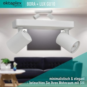 Weiße Oktaplex Bora Deckenleuchte mit zwei schwenkbaren GU10 Spots aus Aluminium. Neutralweißes Licht.
