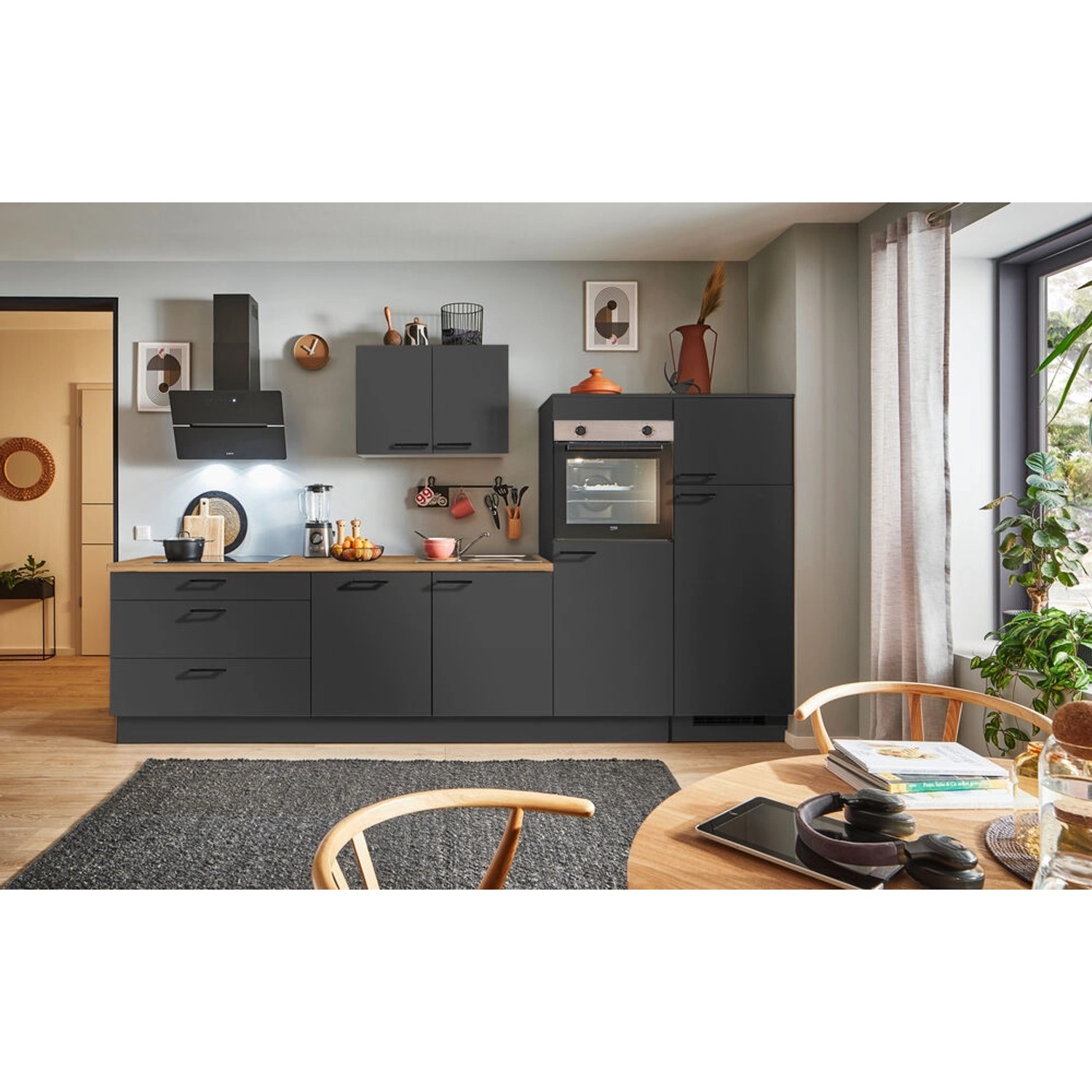 pino Küchenzeile 340 cm Grafit Anschlag rechts 2 Geräteschränke