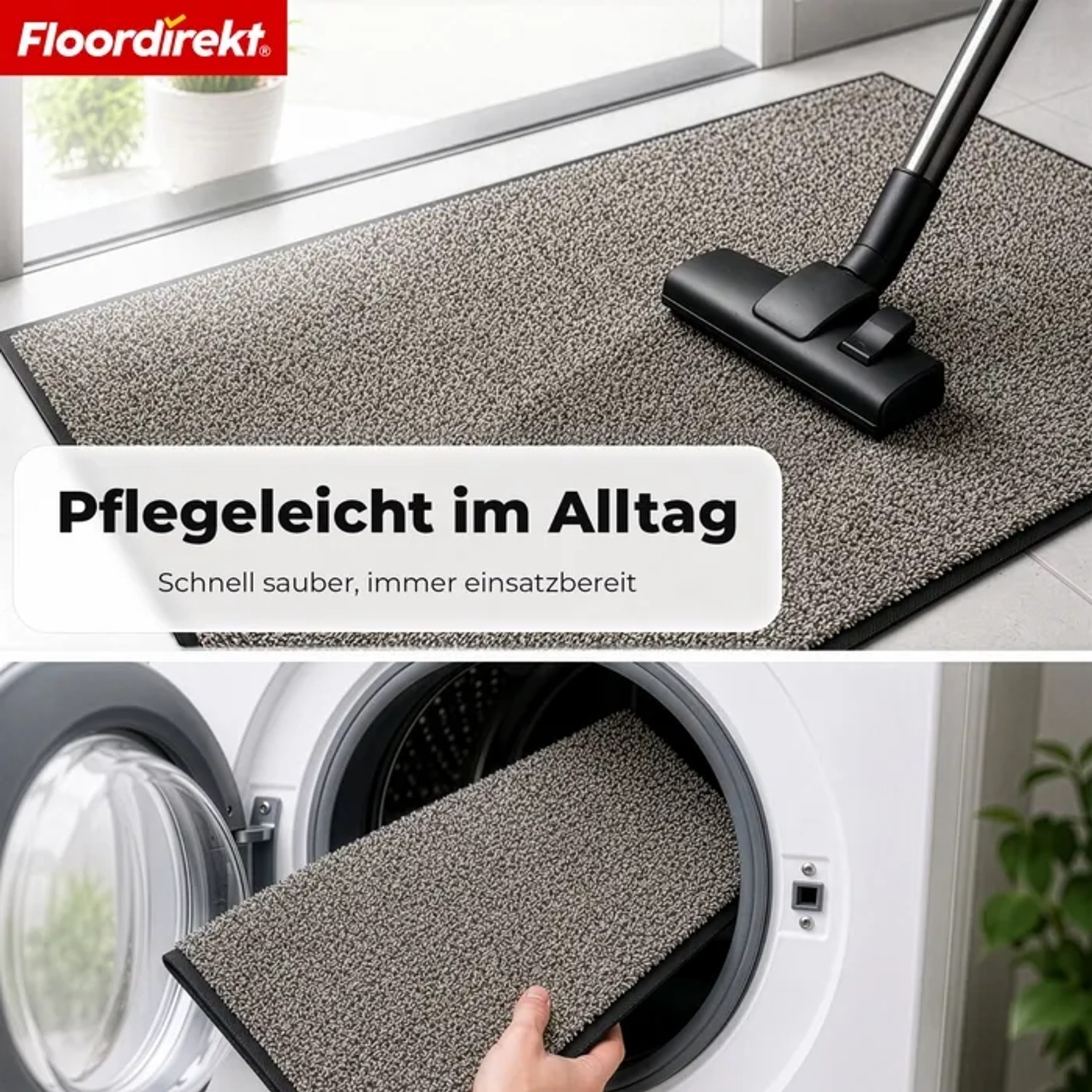 Floordirekt Schmutzfangmatte KARAT beige, waschbar. Zeigt Saugen und Waschen der rutschfesten Fußmatte.