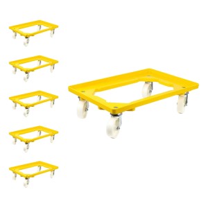 Set aus 6 gelben Transportrollern für Euroboxen (60x40 cm) mit Kunststoffrädern, Traglast 300 kg.
