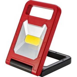 Faltbare LED-Arbeitsleuchte COB, 580 lm, rot/schwarz, mit ausklappbarem Standfuß.