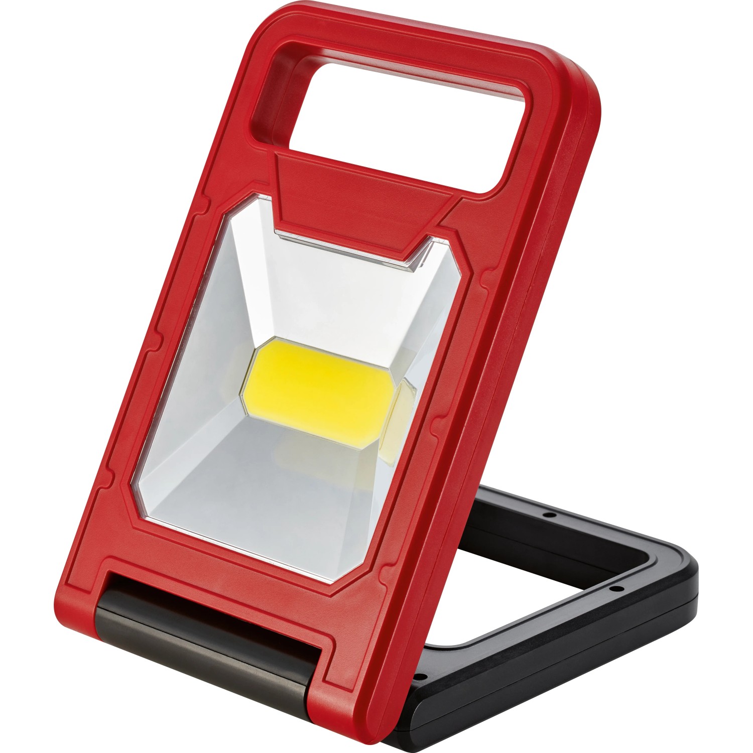 Faltbare LED-Arbeitsleuchte COB, 580 lm, rot/schwarz, mit ausklappbarem Standfuß.