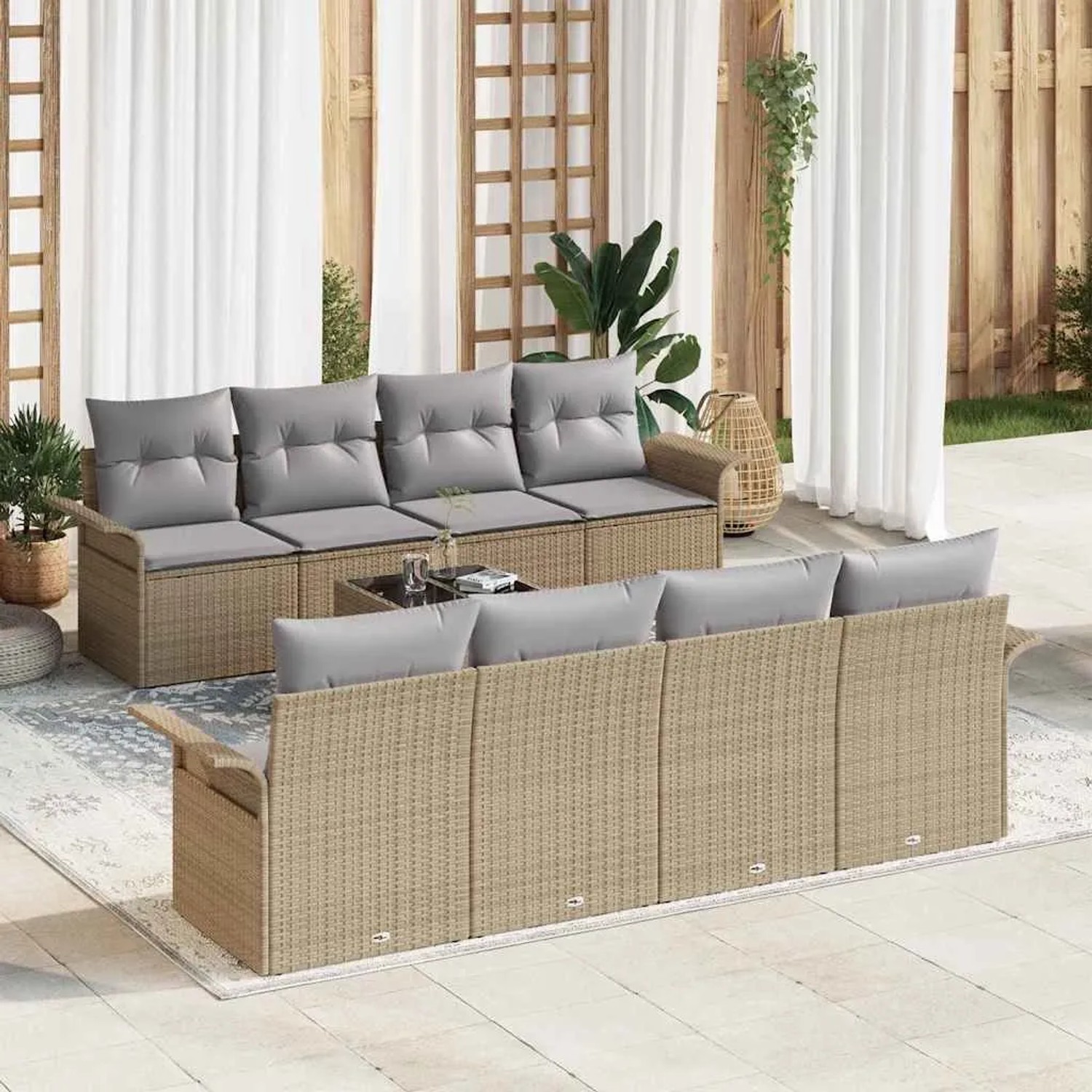 Beiges 9-teiliges vidaXL Garten-Sofa-Set aus Polyrattan mit Tisch und grauen Kissen.