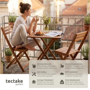 Klappbares Tectake Bistroset Sóller aus braunem Akazienholz für 2 Personen auf Balkon. Wetterfeste Gartenmöbel in Lattenoptik.