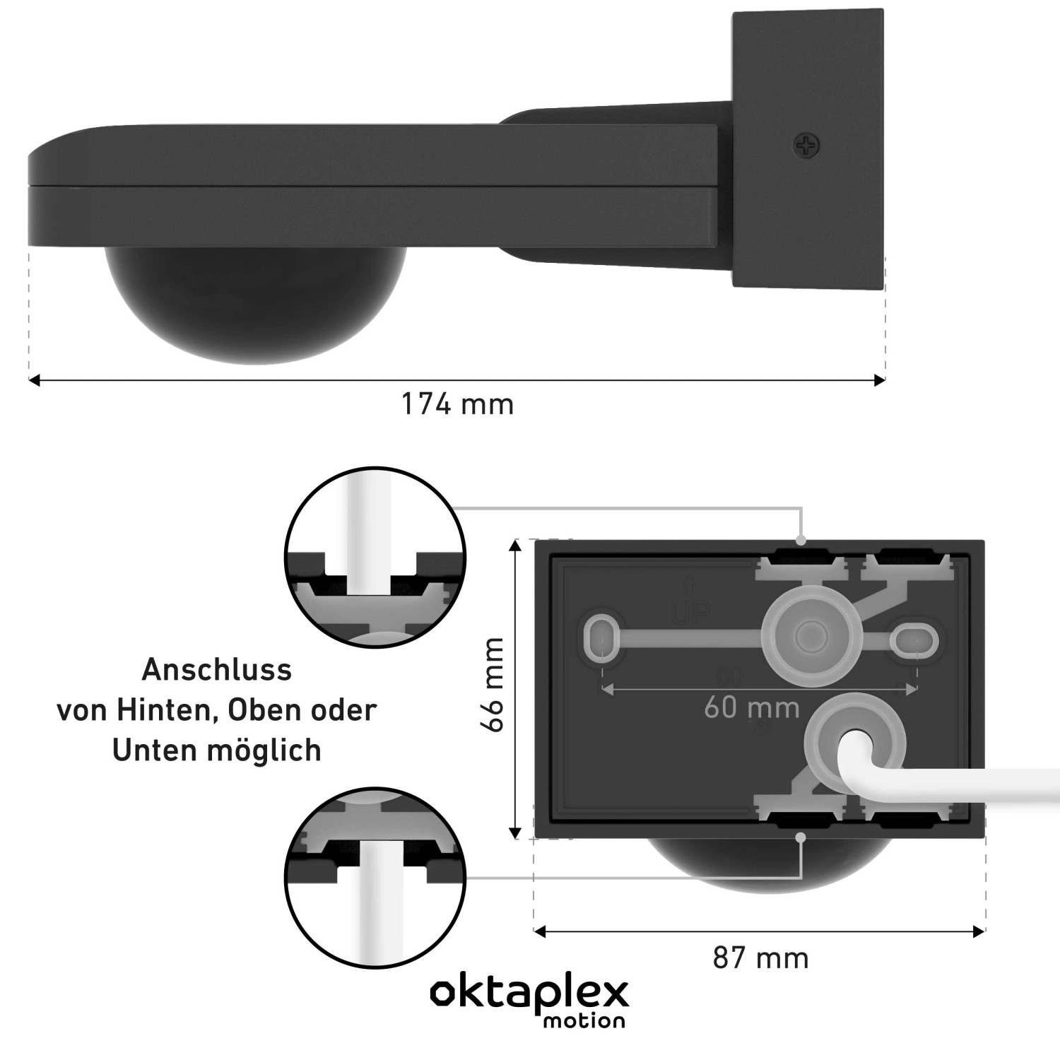 Oktaplex Tea Bewegungsmelder 360 Grad, Maße und Anschlussmöglichkeiten dargestellt.