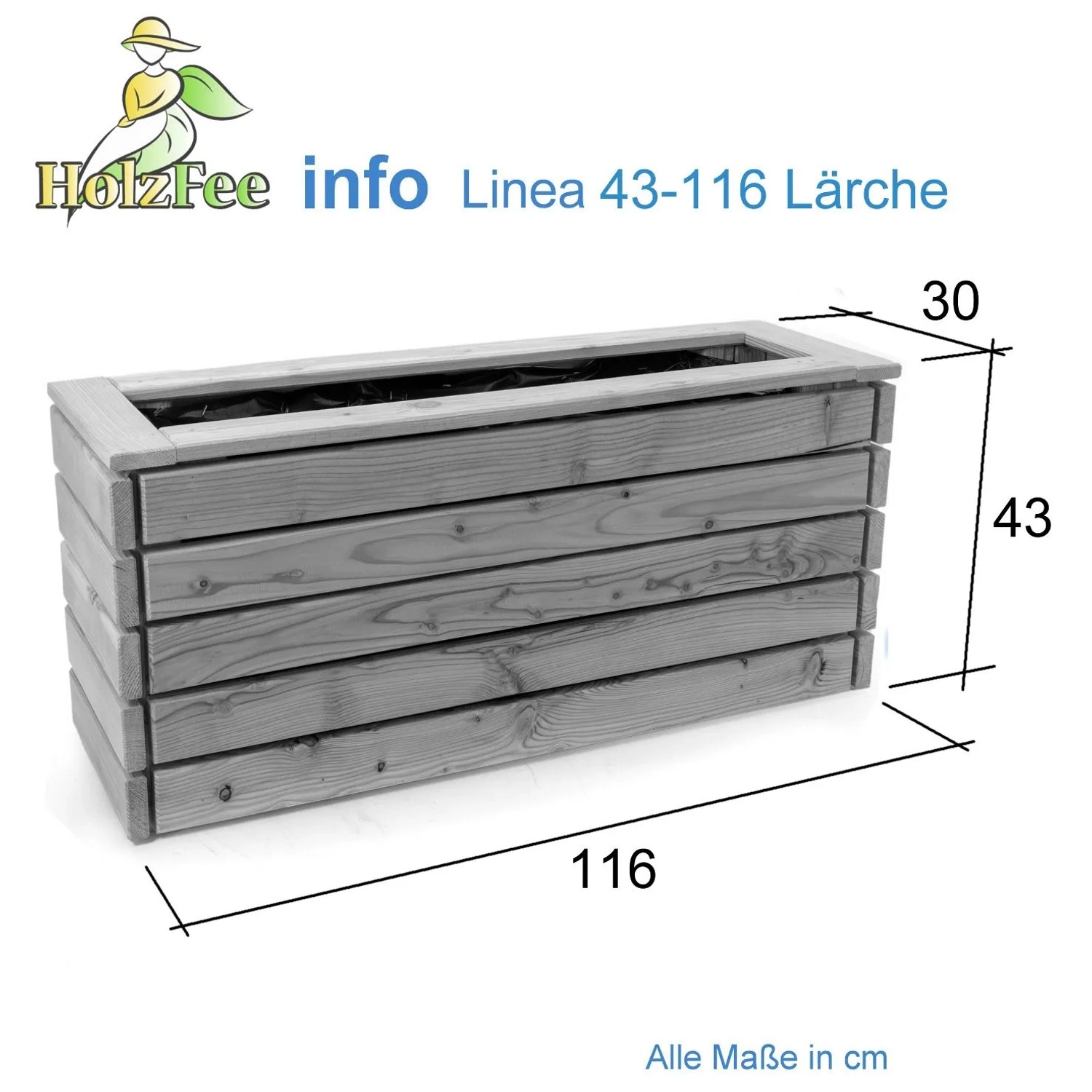 Rechteckiger HolzFee Pflanzkasten Linea aus hellem Lärchenholz, 116x30x43 cm, mit schwarzer Folie für Balkon & Terrasse.