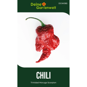 Rote, stark gerunzelte Trinidad Moruga Scorpion Chili mit grünem Stiel. Gemüsesamen für scharfen Anbau.