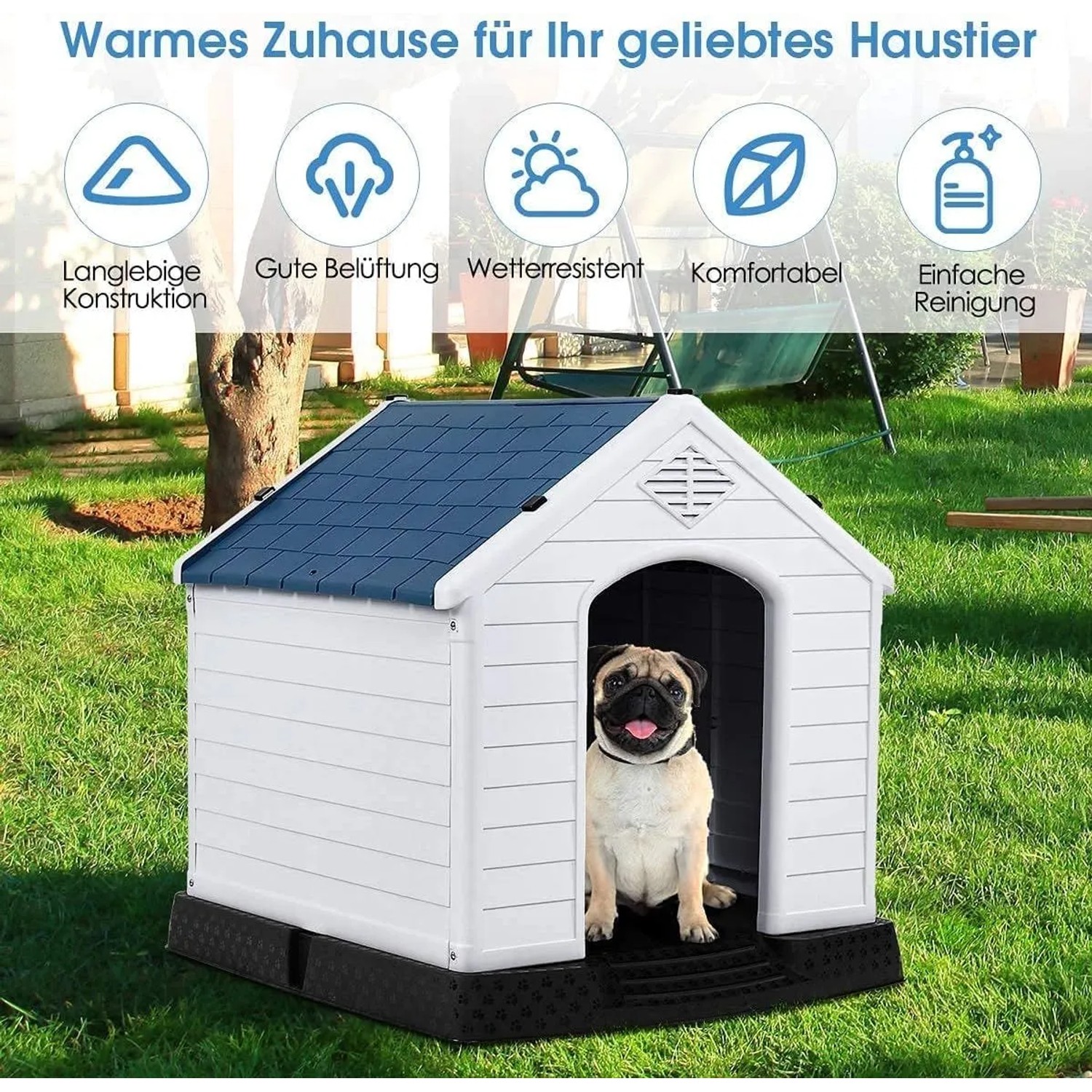 Costway Hundehütte Hundehaus Blau & Weiß 70 x 65 x 71.5 cm_3