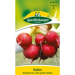 Quedlinburger Radieschen 'Riesenbutter': Hellrote, runde Knollen auf Saatguttüte.