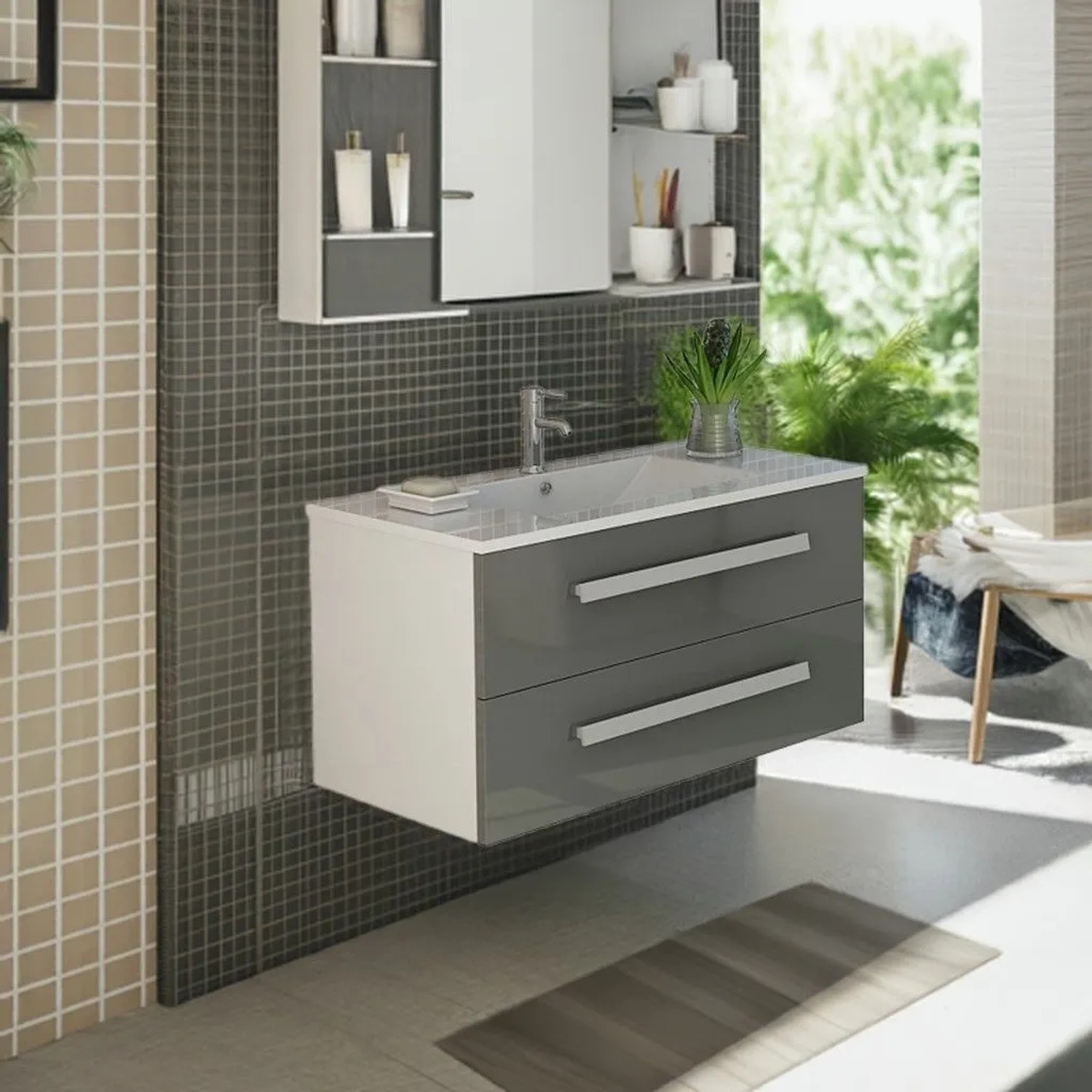Jet-Line Badezimmermöbel Set Locarno 80 cm Grau Hochglanz kaufen bei OBI