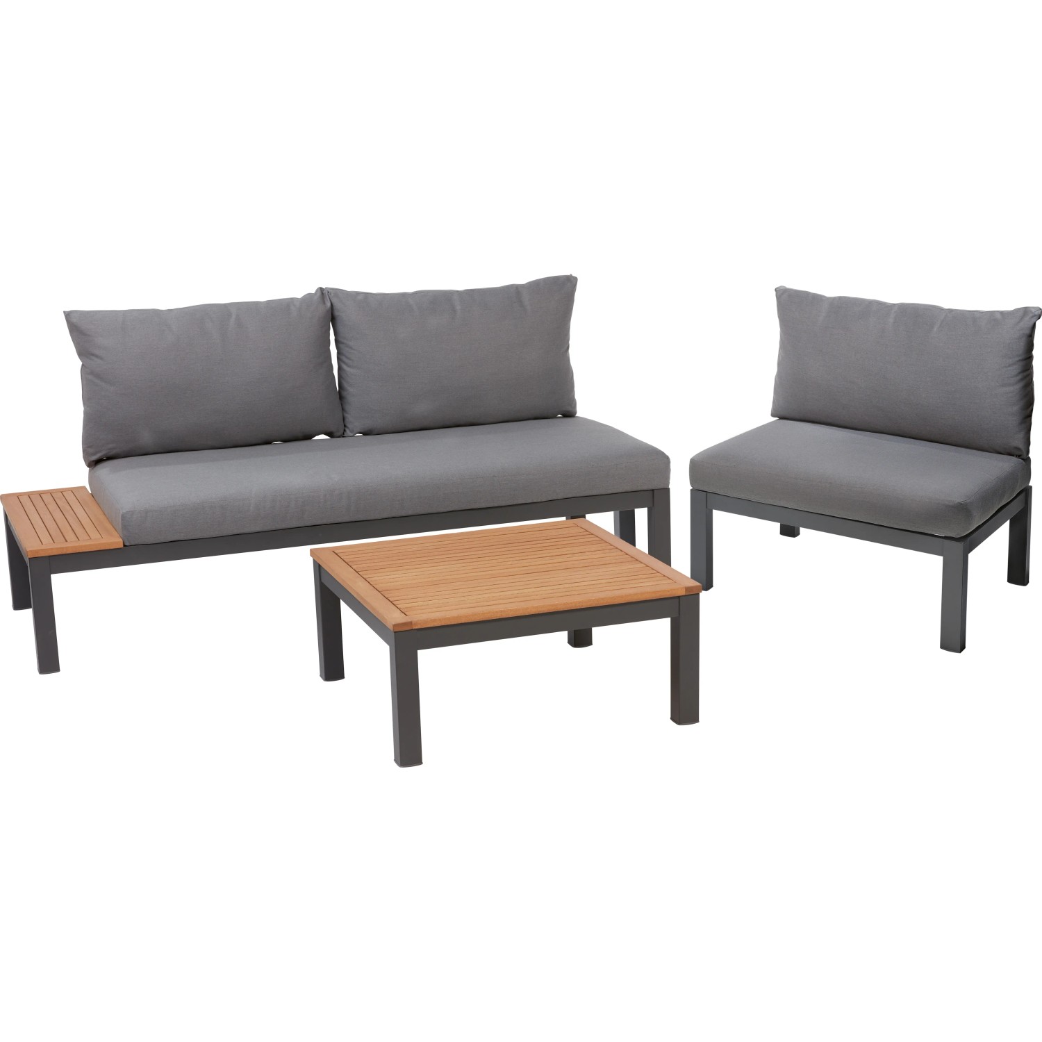 Lounge-Set Bonlee: Sofa, Sessel und Tisch. Gartenmöbel aus grauem Aluminium mit Auflagen.
