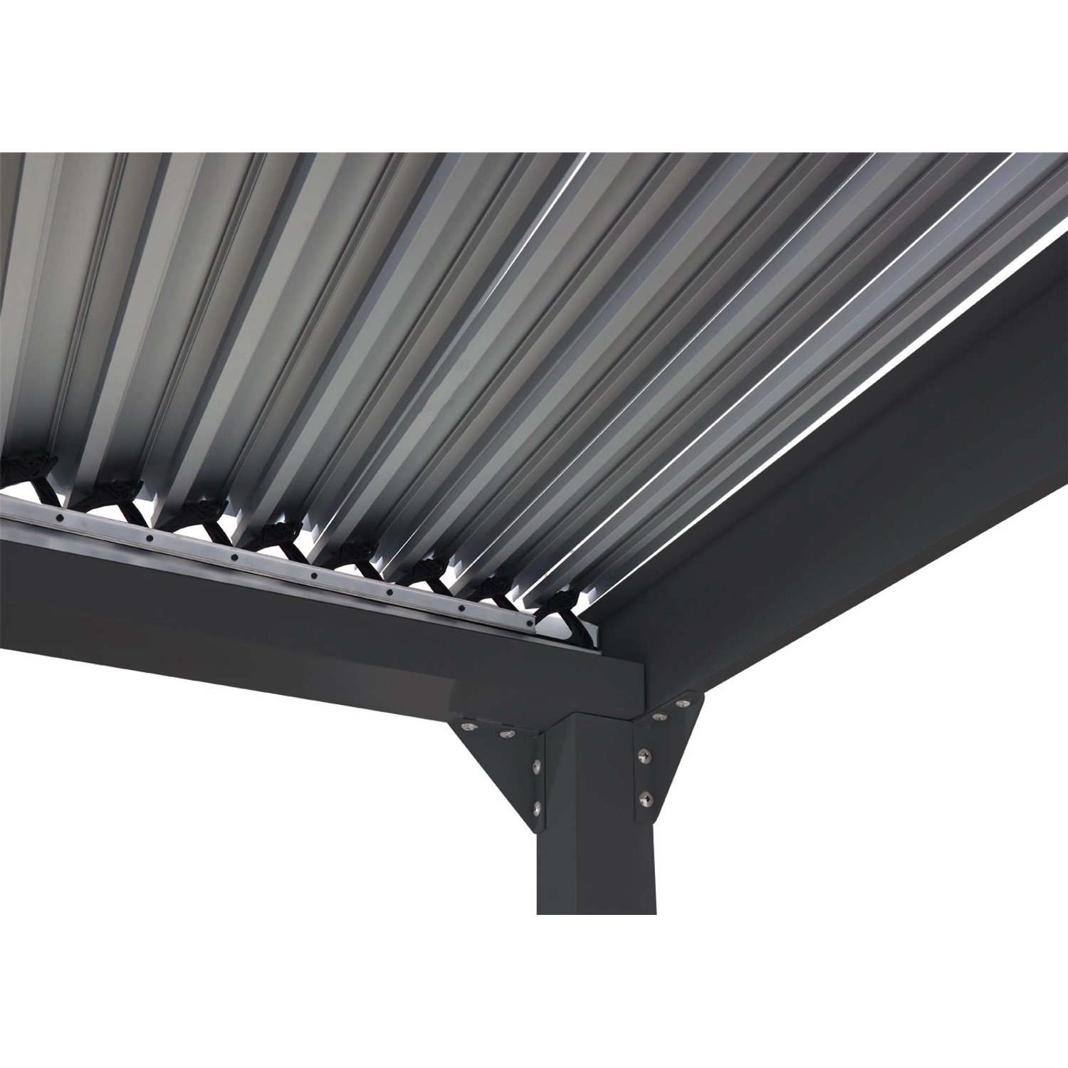 Detailansicht der anthrazitfarbenen MCW Alu Pergola L41 mit Lamellendach und Seitenwand.