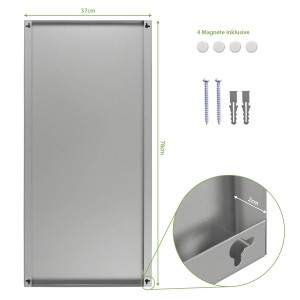 Silberne Banjado Magnettafel 37x78cm mit Zubehör zur Wandmontage und 4 Magneten.