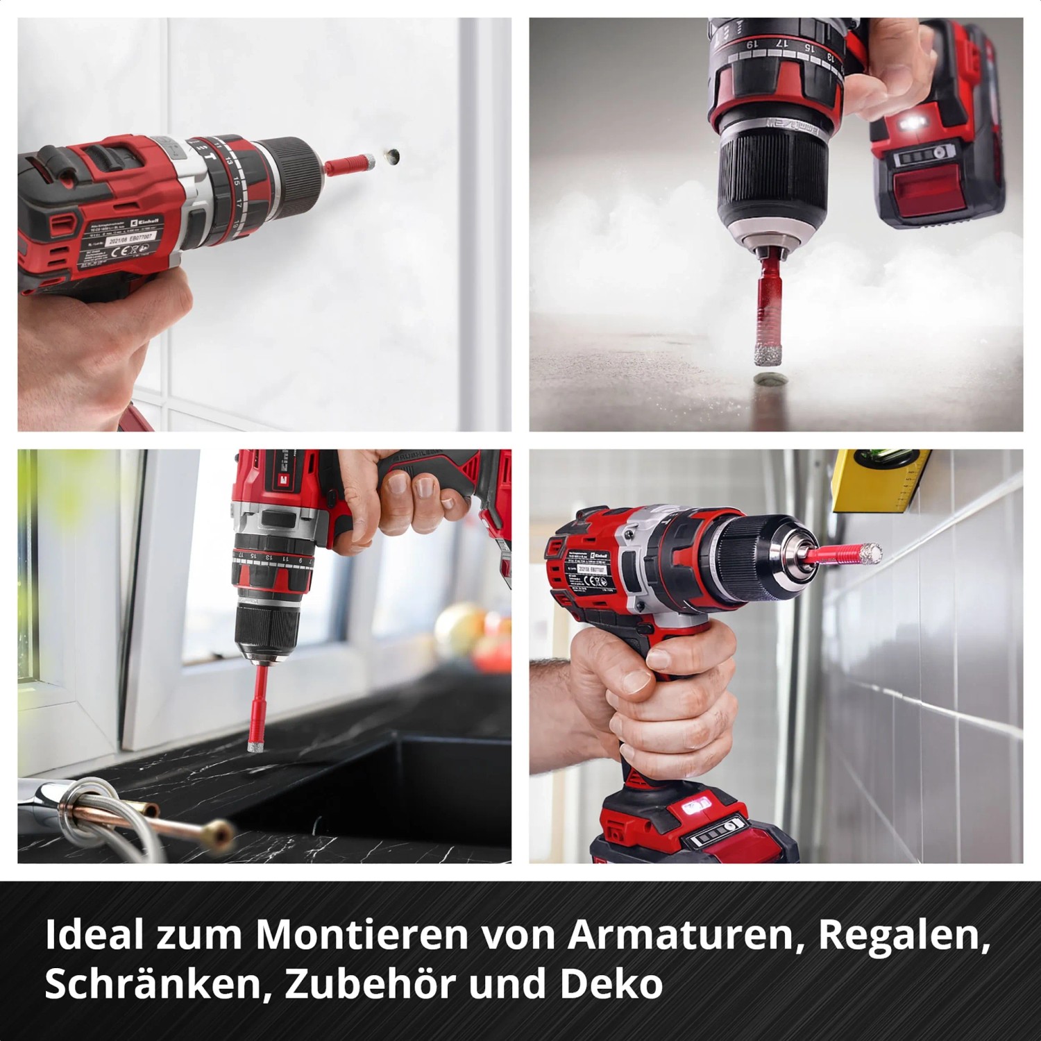 Einhell Diamant-Fliesenbohrer-Set im Einsatz mit Akku-Bohrschrauber beim Fliesen bohren.