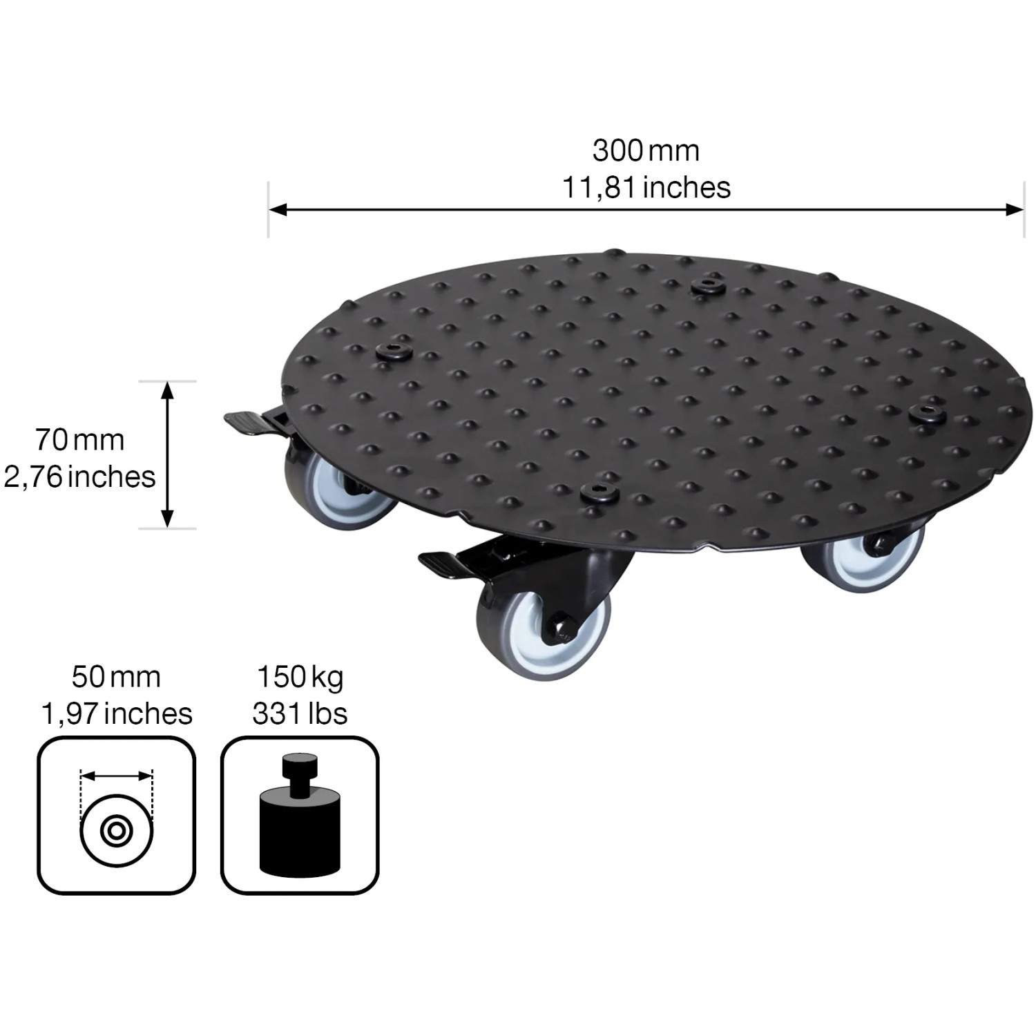 Schwarzer Wagner Pflanzenroller GH 7007, Ø 30 cm, mit Noppen und Rollen für bis zu 150 kg.