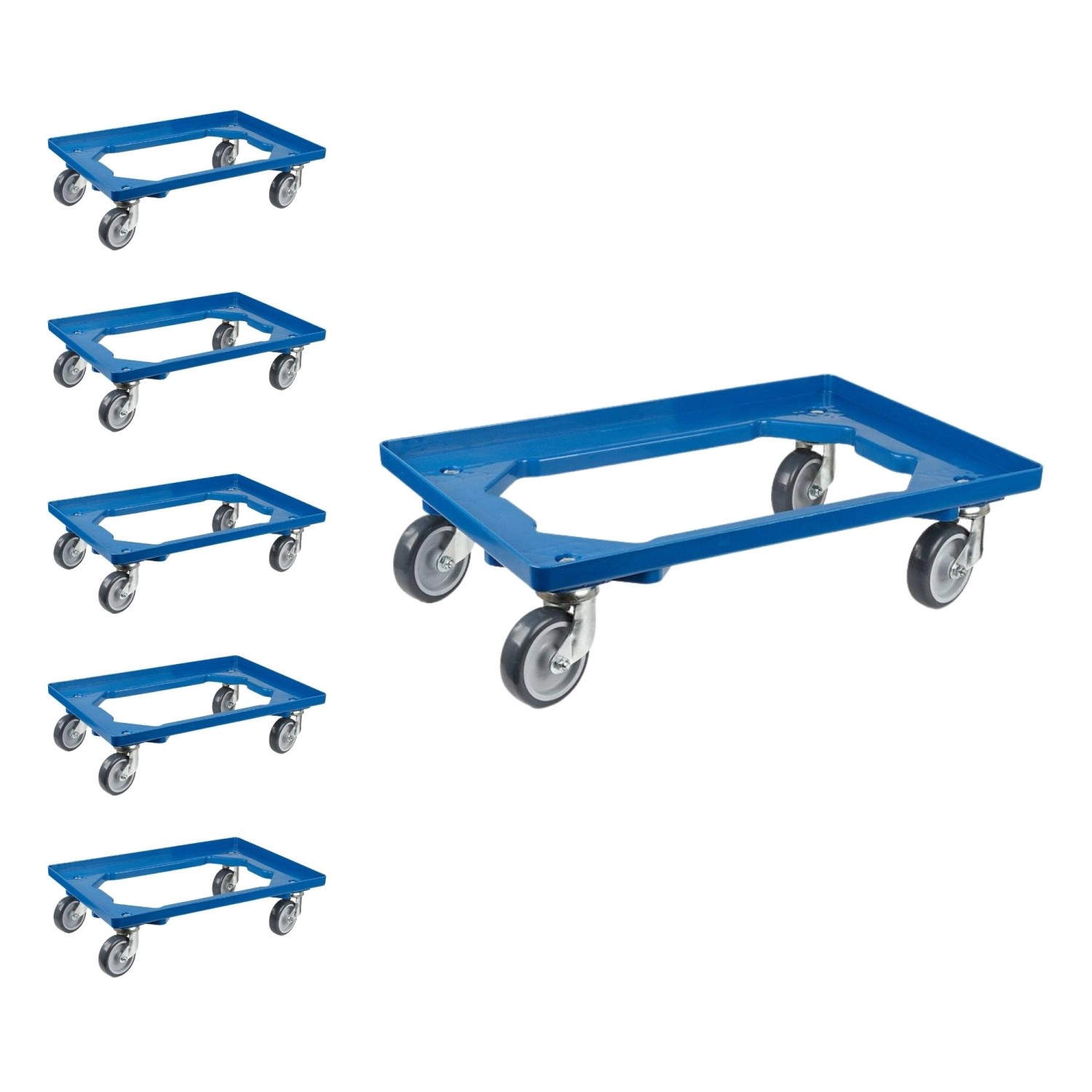 PROREGAL SparSet: 6 blaue Transportroller für Euroboxen (60x40 cm) mit Gummirädern, 300 kg Traglast.