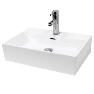 Eckiges, weißes ECD Germany Aufsatzwaschbecken aus Keramik, 415x360 mm, mit Armatur.