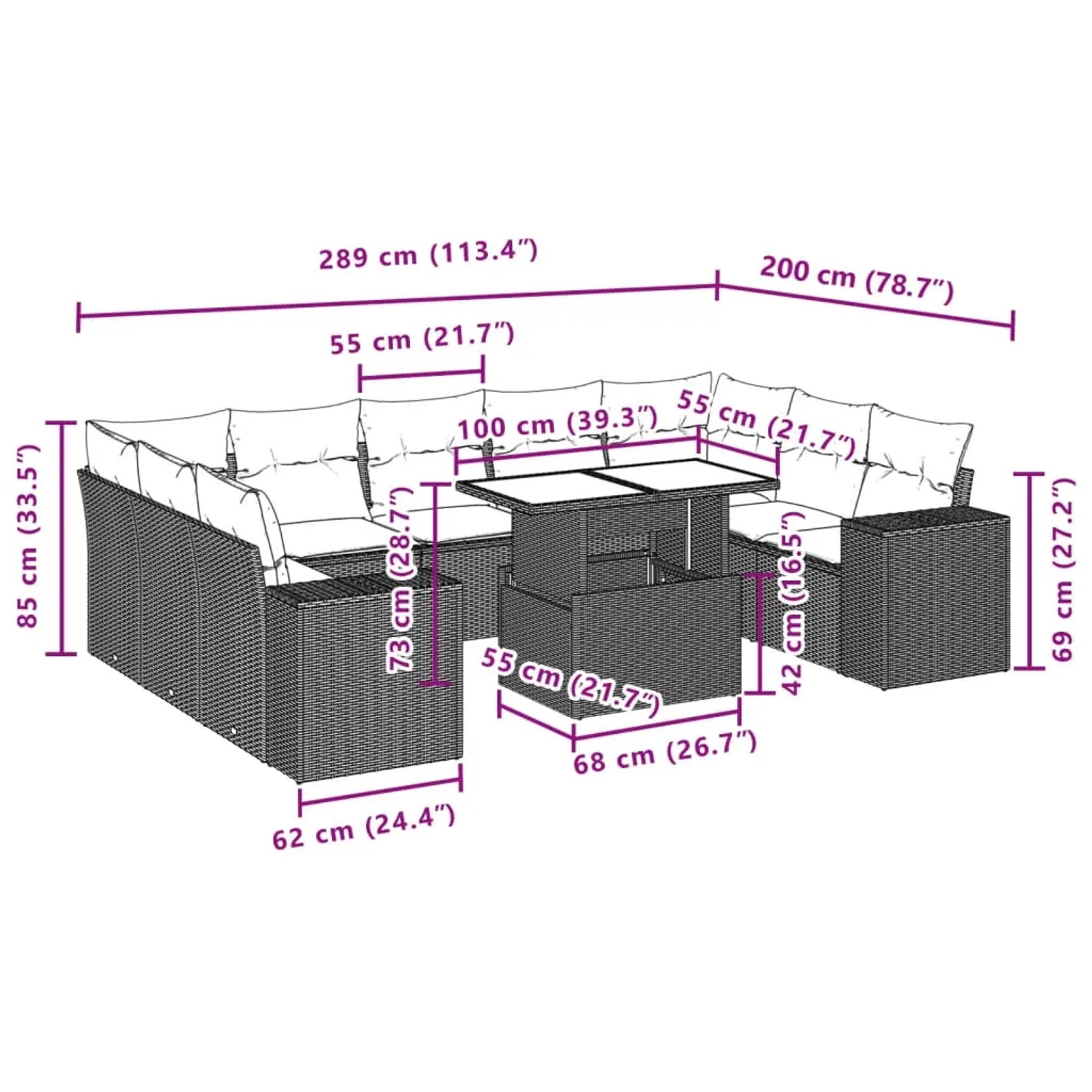 Schwarze 10-tlg. vidaXL Garten-Sofagarnitur aus Polyrattan mit Tisch und cremeweißen Kissen, Maße eingezeichnet.