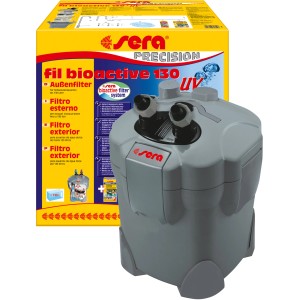 Sera Aquarium-Außenfilter Fil Bioactive 130 + UV, grauer Filter mit gelber Verpackung.