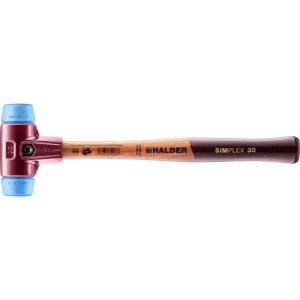 Halder Simplex Schonhammer Ø 30 mm mit blauem TPE-soft Einsatz, rotem Gehäuse und Holzstiel.