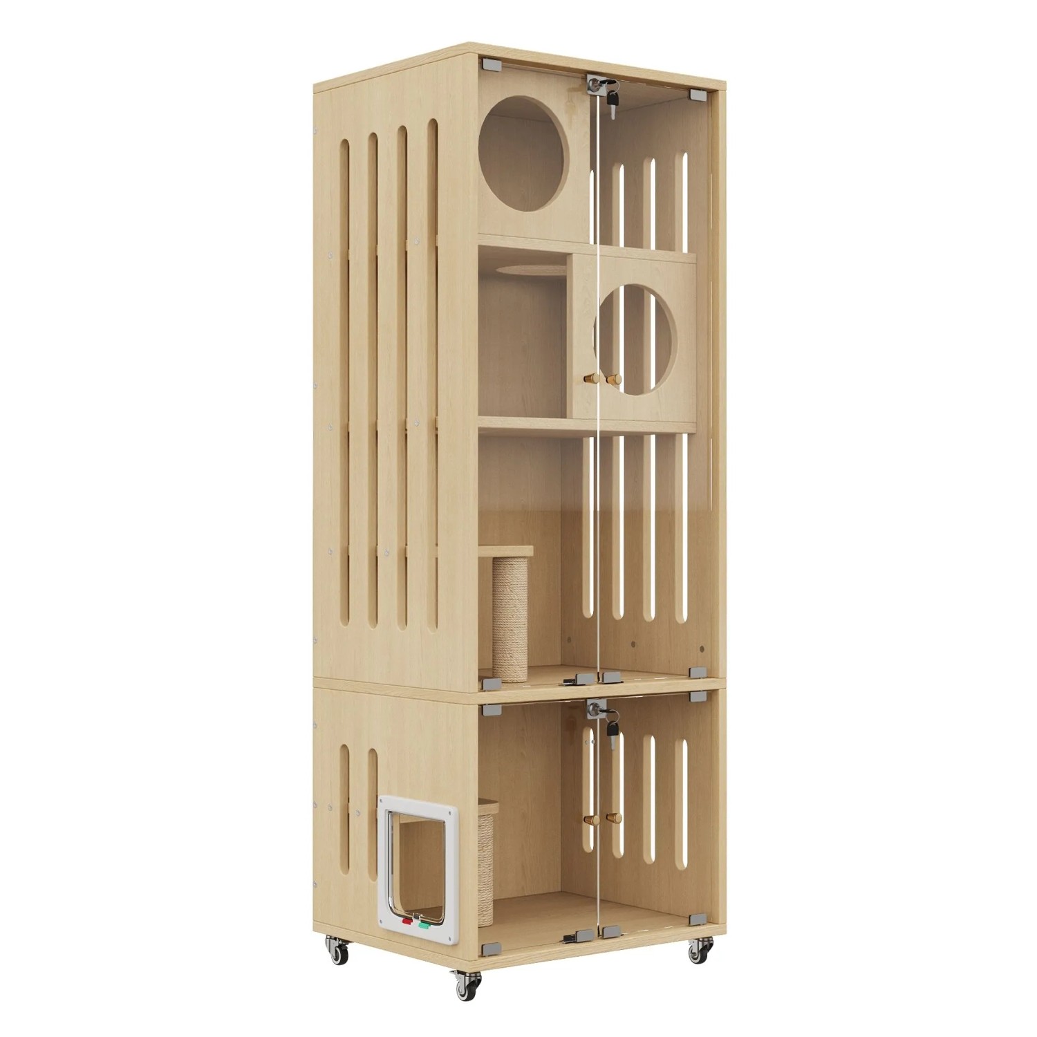 Merax Katzenvilla 60x50x156 cm Naturholz Glas Rollen Katzenklappe