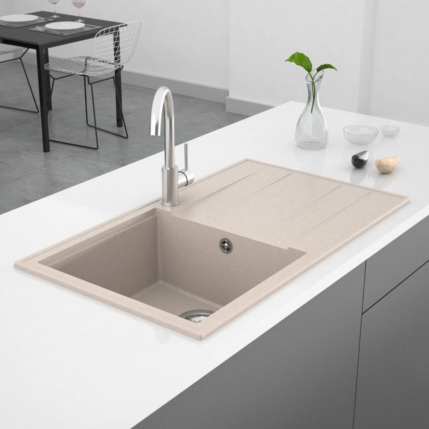 Miló Einbauspüle Luxuria 86 in Sand, Granitverbundstoff, 39 cm Beckenbreite.